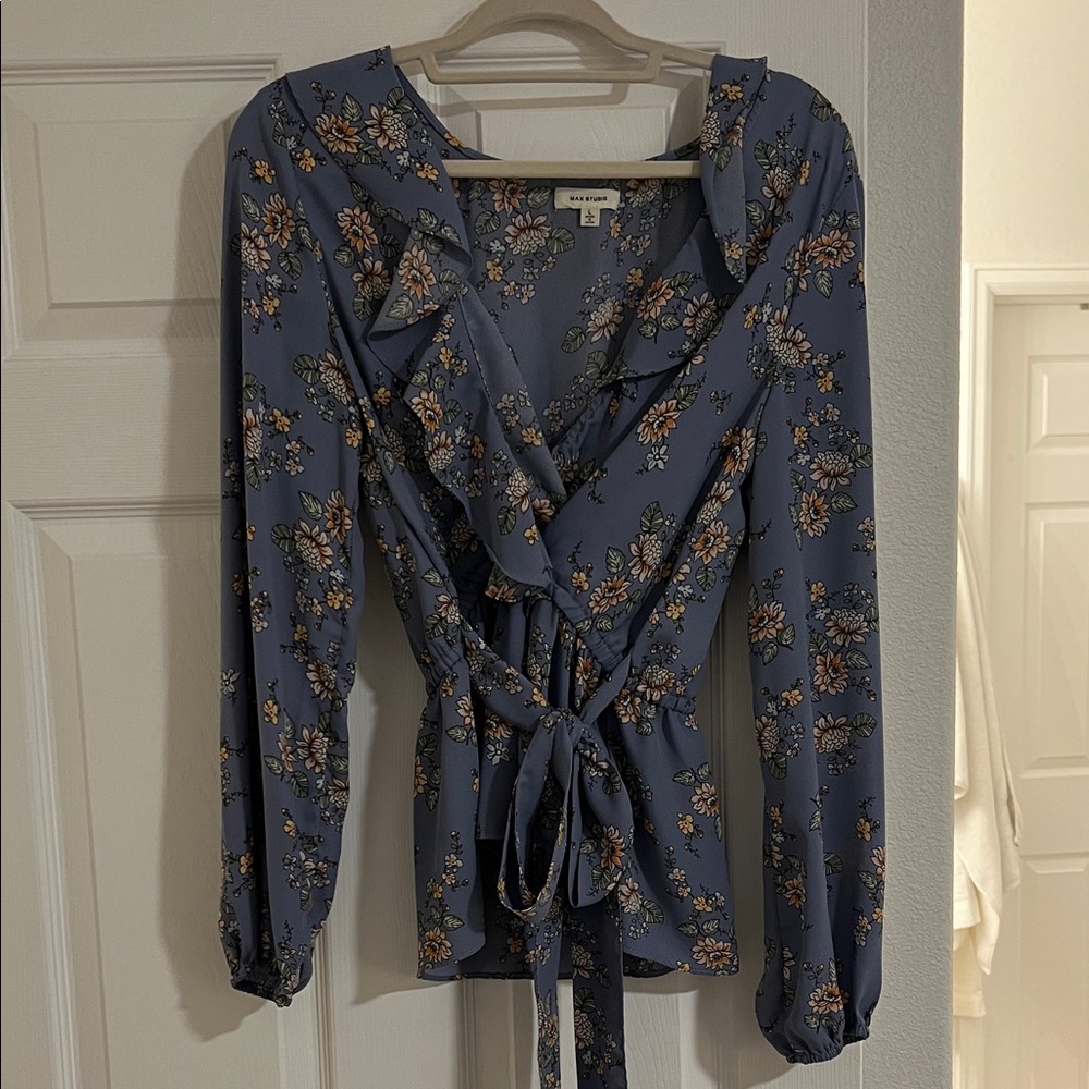 Max Studio Floral Ruffle Blouse in Blue and Orange